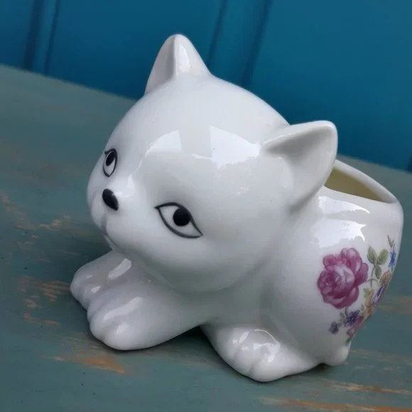 Vintage Ceramic Cat Planter Porcelain Cat Dish Candle Bowl Japan Flowers - Picture 2 of 16